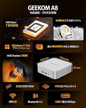 Amazon.co.jp: GEEKOM A8 ミニPC【5年以上安定稼働】AMD Ryzen 7